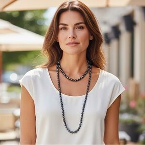 Black Peacock Freshwater Pearl Opera Necklace Long Iridescent Strand 64 in